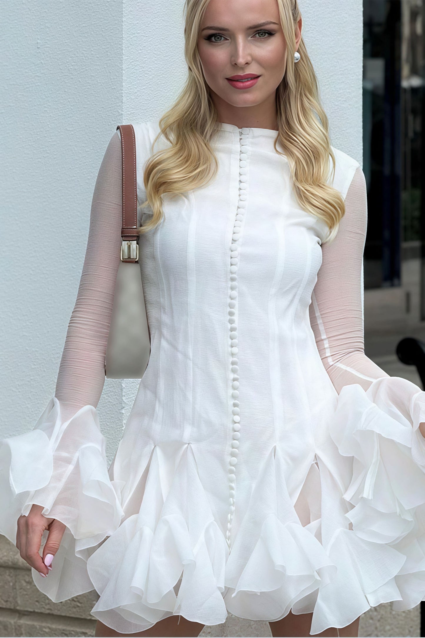 High Neck Button Front Long Sleeve Tiered Ruffle Flounce Mini Dress
