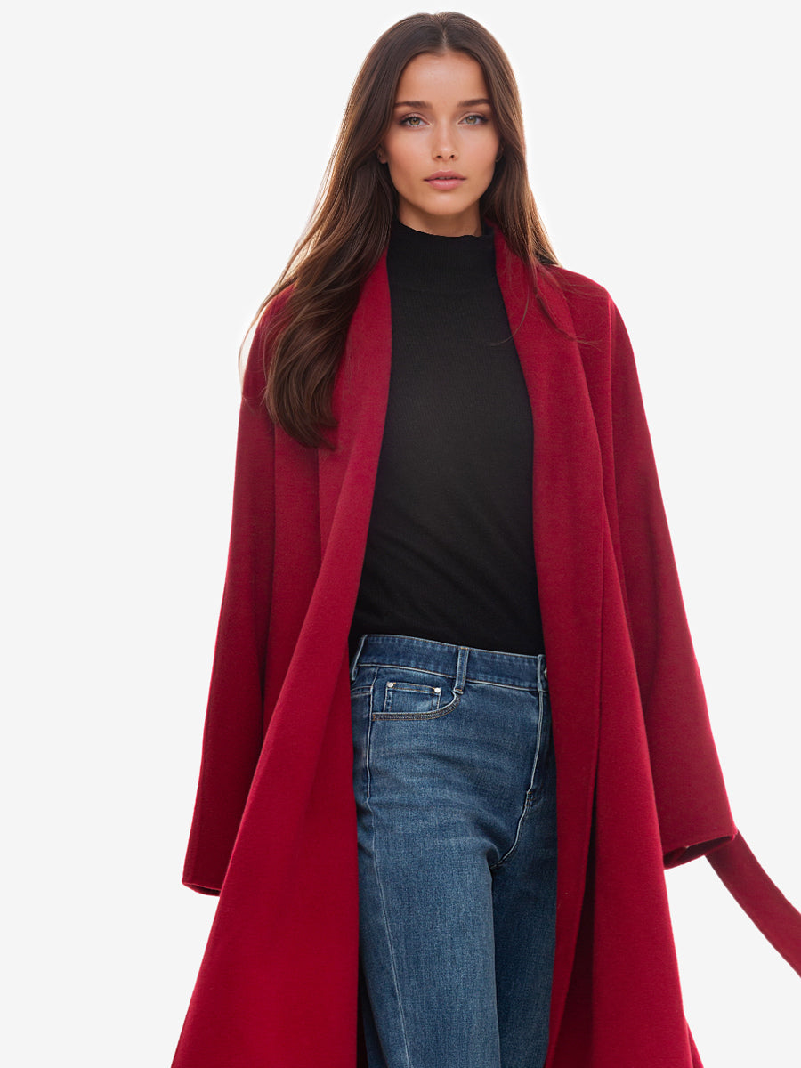 Burgundy Wool Cashmere Blend Wrap Coat For Woman Lapel Elegant Belted Double-Faced Winter Outerwear 2026