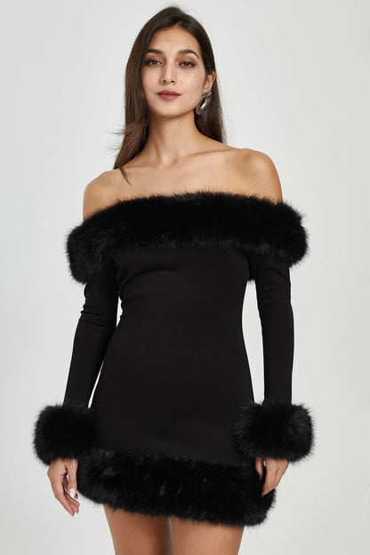 Paula Off Shoulder Fur Trim Mini Dress