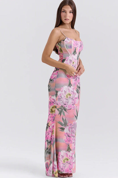 Corset Bodice Spaghetti Strap Floral Print Mesh Floor-Length Maxi Dress