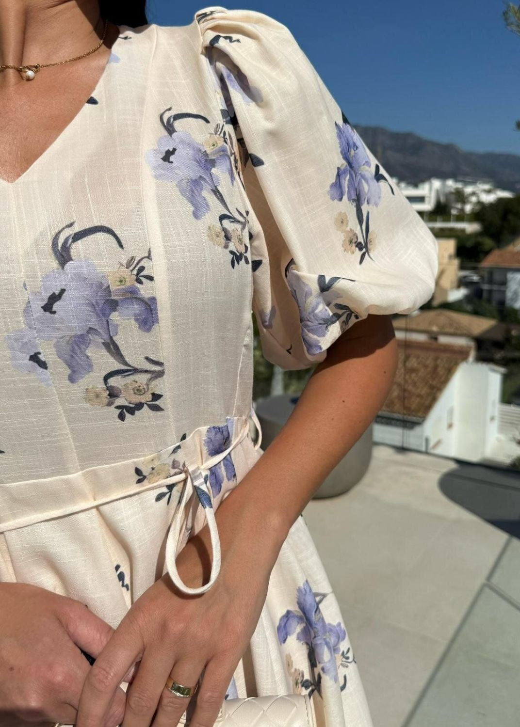 Beige Floral Puff Sleeve Maxi Dress – Elegant V-Neck A-Line Gown