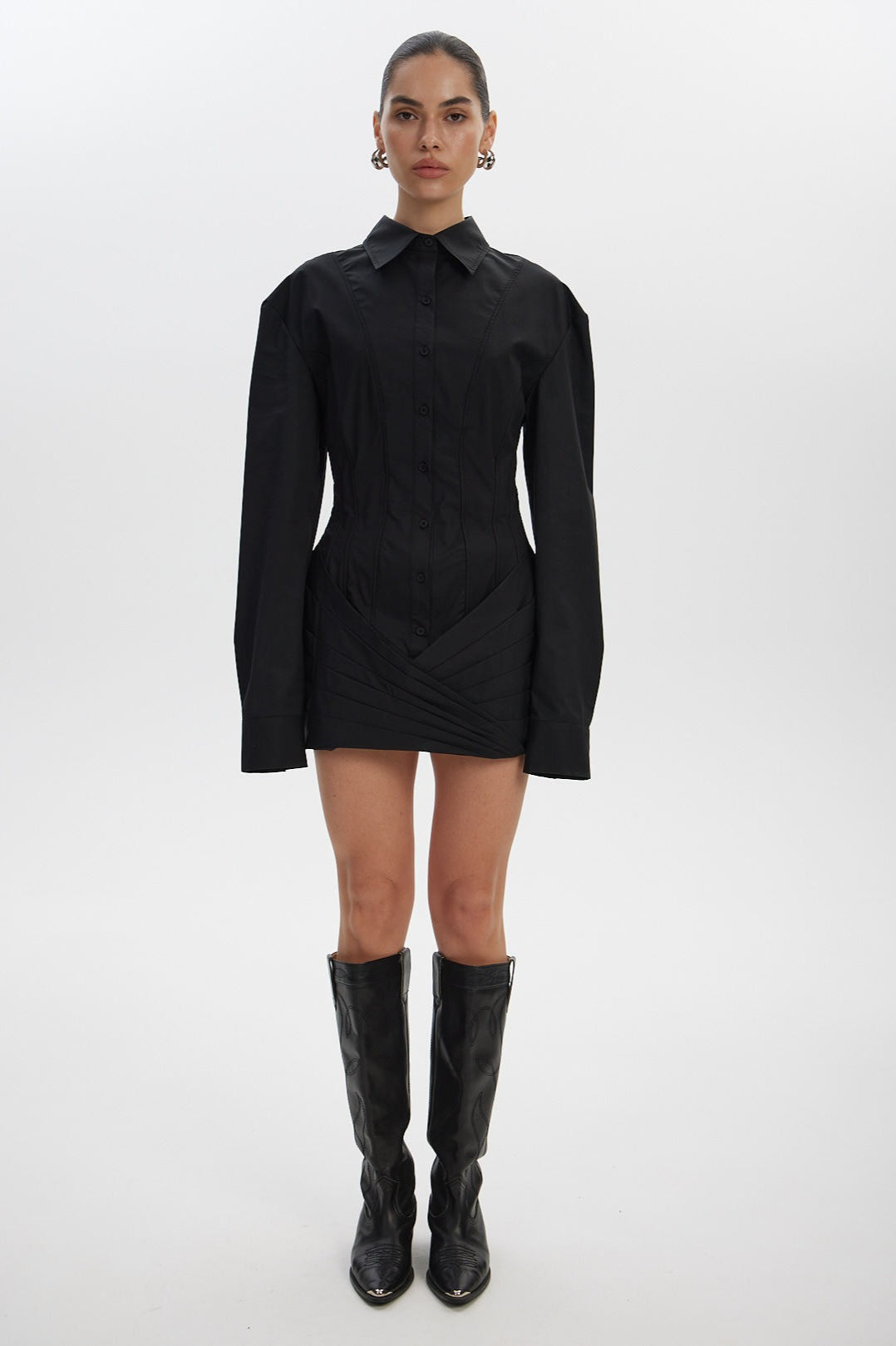 Button Down Corset Waist Draped Tulip Hem Long Sleeve Mini Dress