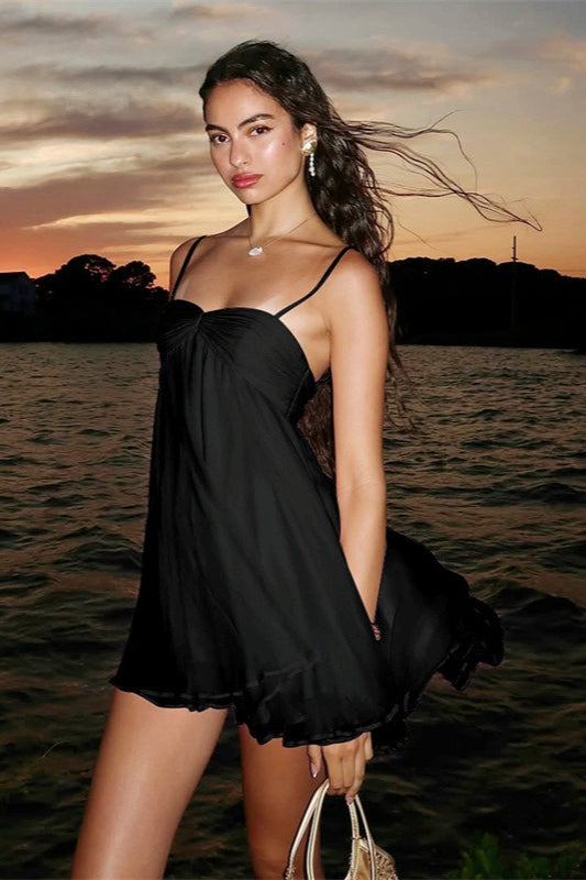 Chiffon Gathered Sweetheart Spaghetti Strap Lettuce Hem Babydoll Mini Dress