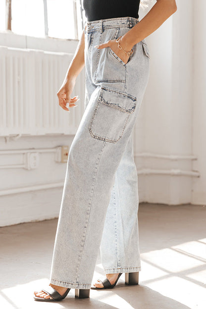 Washed denim multi-pocket non-stretch overalls