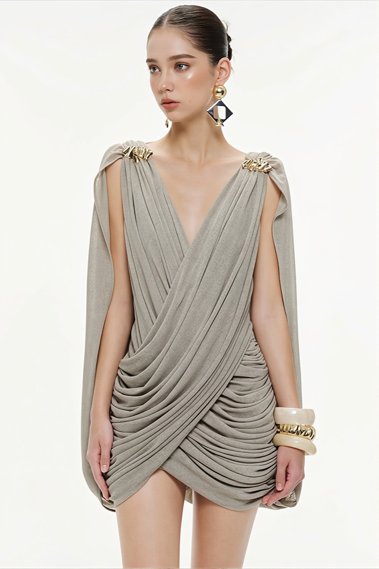 Deep V-Neck Ruched Draped Shoulder Hardware Cape Detail Mini Dress