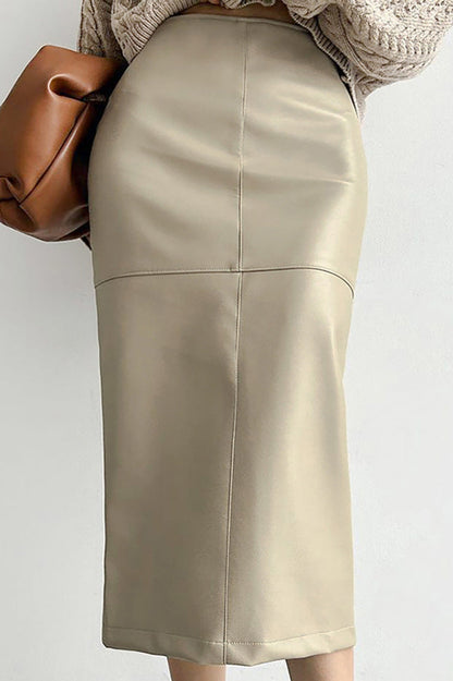 PU Leather High-Waisted Slit Midi Skirt