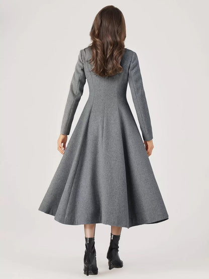 Wool Blend Flared Coat For Woman One Button Gray A-line Winter Midi Outerwear 2026