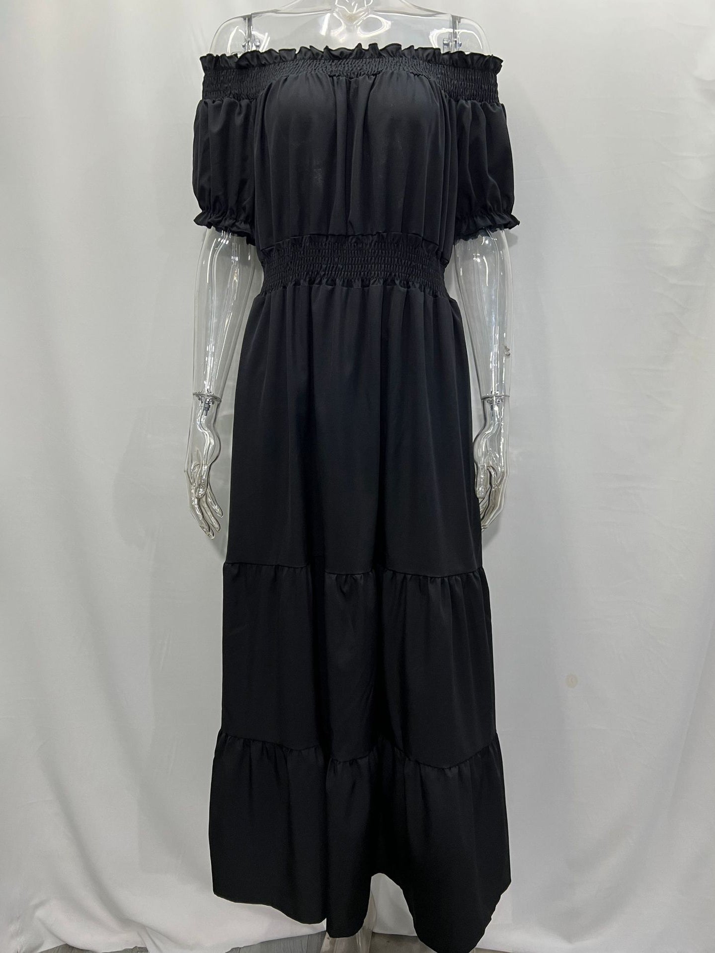 Off Shoulder Smocked Maxi Dress For Women - Boho Tiered A-Line Beach Gown with Puffy Sleeves - Summer Vacation 2026