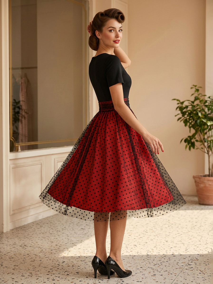 Retro Glamour Dress 1950s Style Jewel Neck Layered Short Sleeves Medium Polka Dot Rockabilly Dress