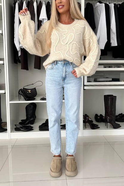 Beautiful Mood Knit Contrast Color Sewing Line Pattern Loose Sweater