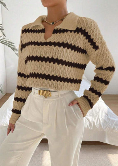 Polo Collar Textured Pullover – Elegant Striped Knitwear