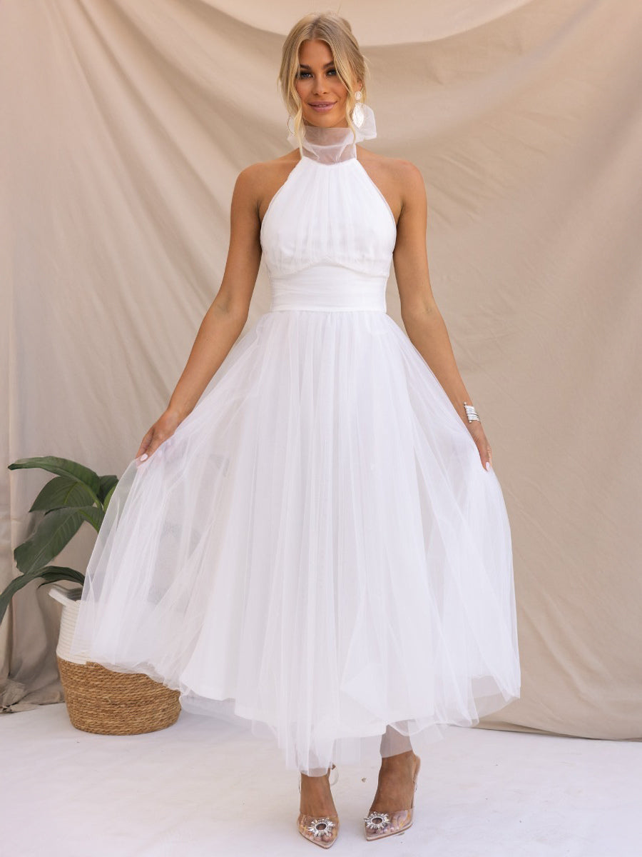 Tulle Midi Dress Halter Pleated Empire Waist Open Back Elegant Prom Dresses