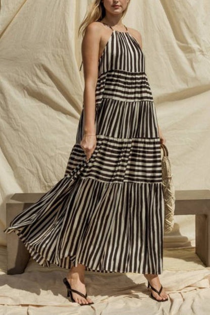 Sleeveless Stripe Maxi Tiered Dress