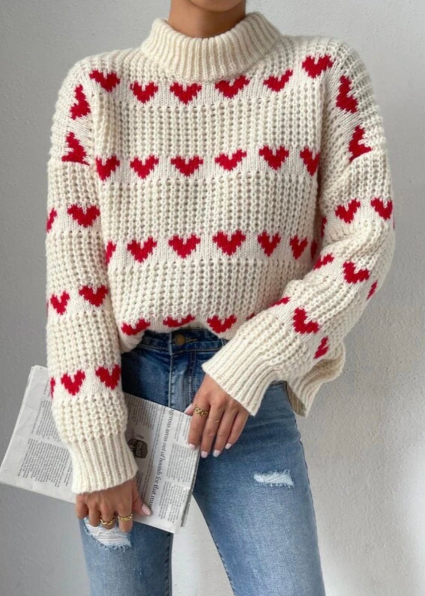 Cozy Hearts - Loose Knit Heart Jacquard Pullover