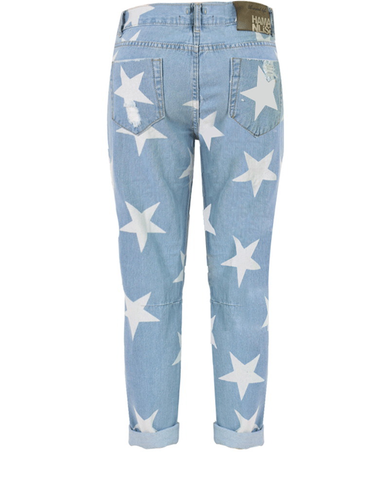 Star Print Ripped Straight-Leg Trousers
