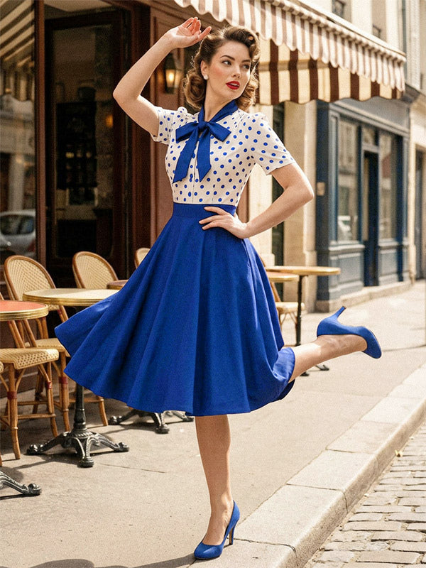 Polka Dot Patchwork Bow Tie Neck Short Sleeve Retro Swing Dress For Women 2026