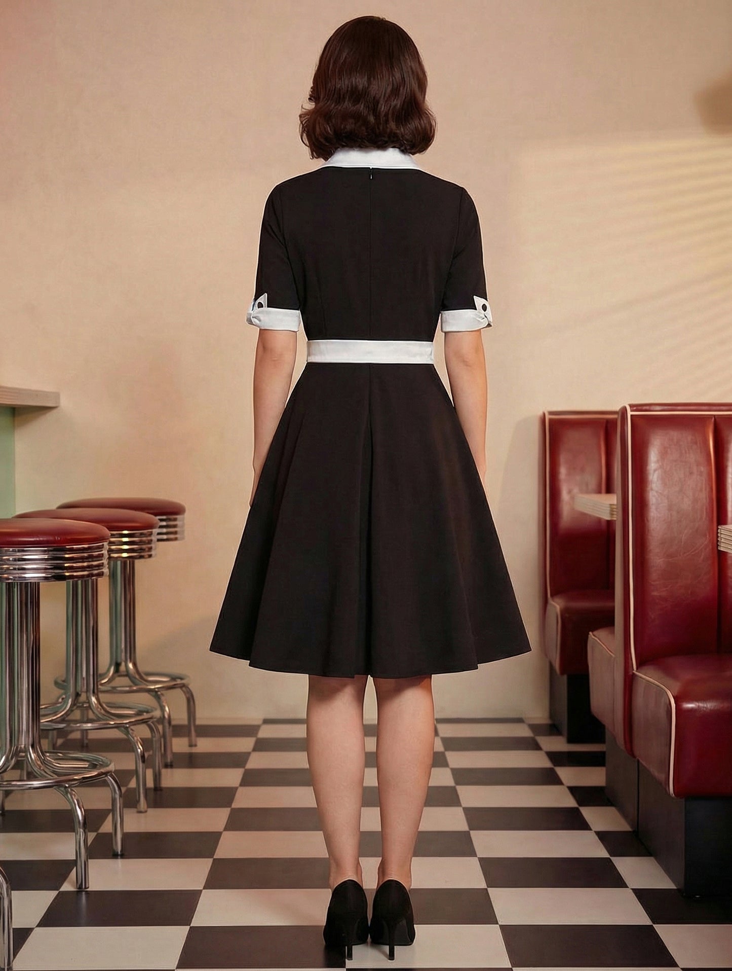 Vintage Dress 1950s Yellow Two-Tone Bows Short Sleeves Embellished Collar Medium Swing Dress