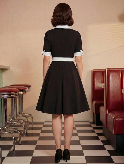 Vintage Dress 1950s Yellow Two-Tone Bows Short Sleeves Embellished Collar Medium Swing Dress