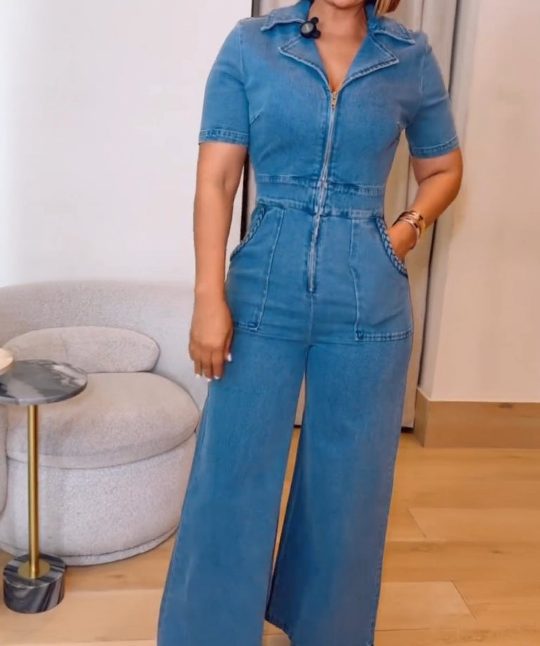 Casual Loose Straight Leg Demin Jumpsuits with Pockets