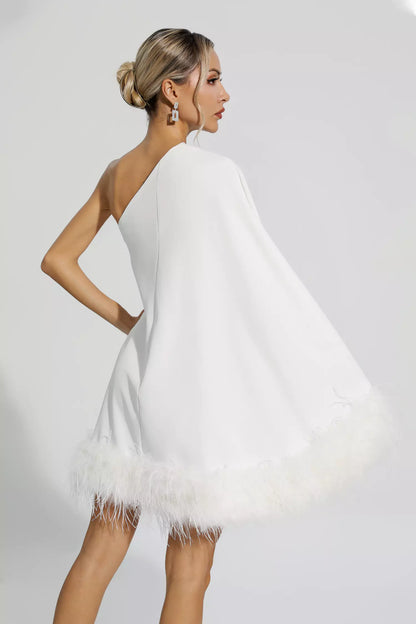 Ailani White Feather Trim One Shoulder Mini Dress