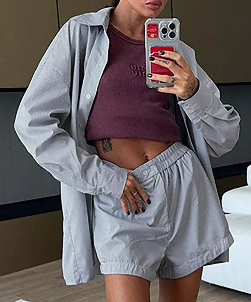 Grey Print Single Breasted Shorts Office Two Piece Set