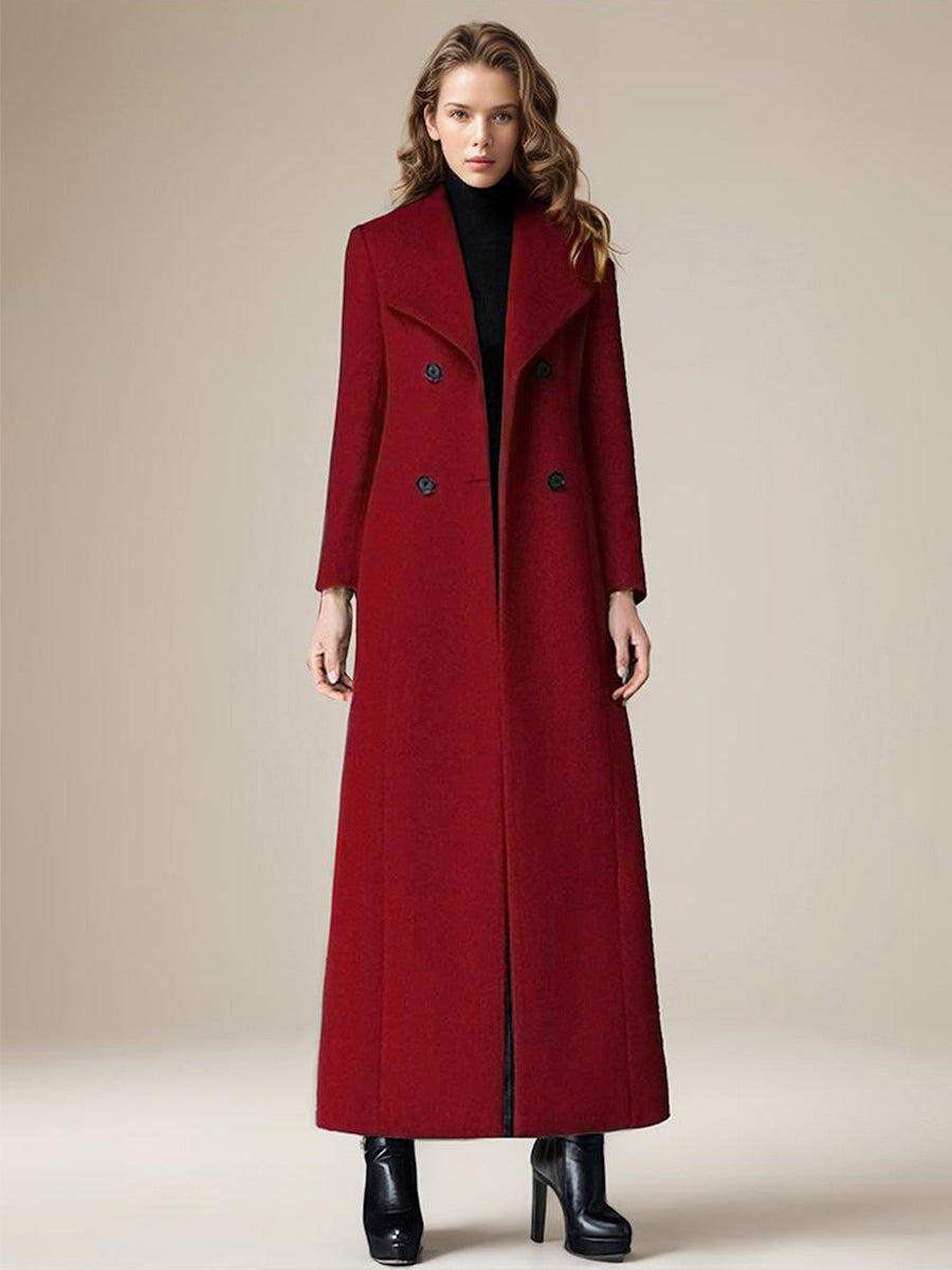 Woolen Coat For Women Turndown Collar Double-breasted Full Length Retro Wrap Coat Winter Outerwear 2026