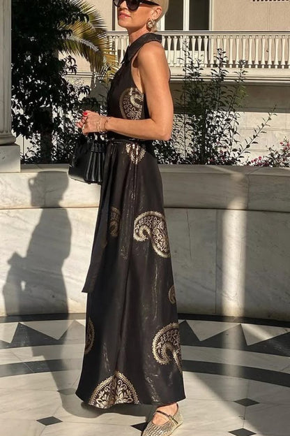 Vacation Calls Unique Print Shirt Neck Sleeveless Tie-up Pocketed Maxi Dress