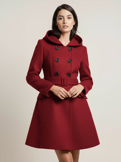 Hooded A-Line Midi Coat With Double-Breasted Design And Belt For Women 2026