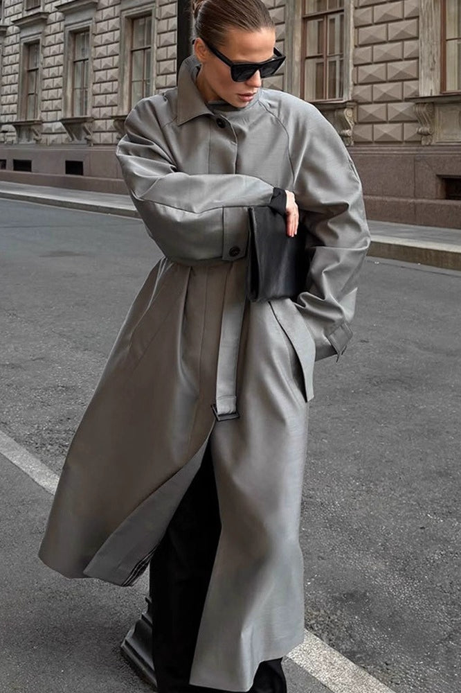 Lazy-Chic European Solid Color Stand Collar Belted Long Overcoat