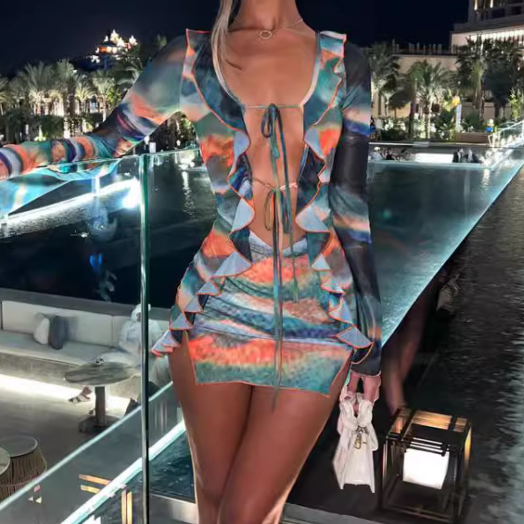 Long sleeve ruffle contrast slit mesh mini skirt set