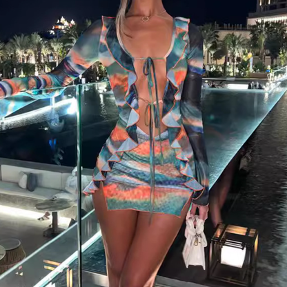 Long sleeve ruffle contrast slit mesh mini skirt set