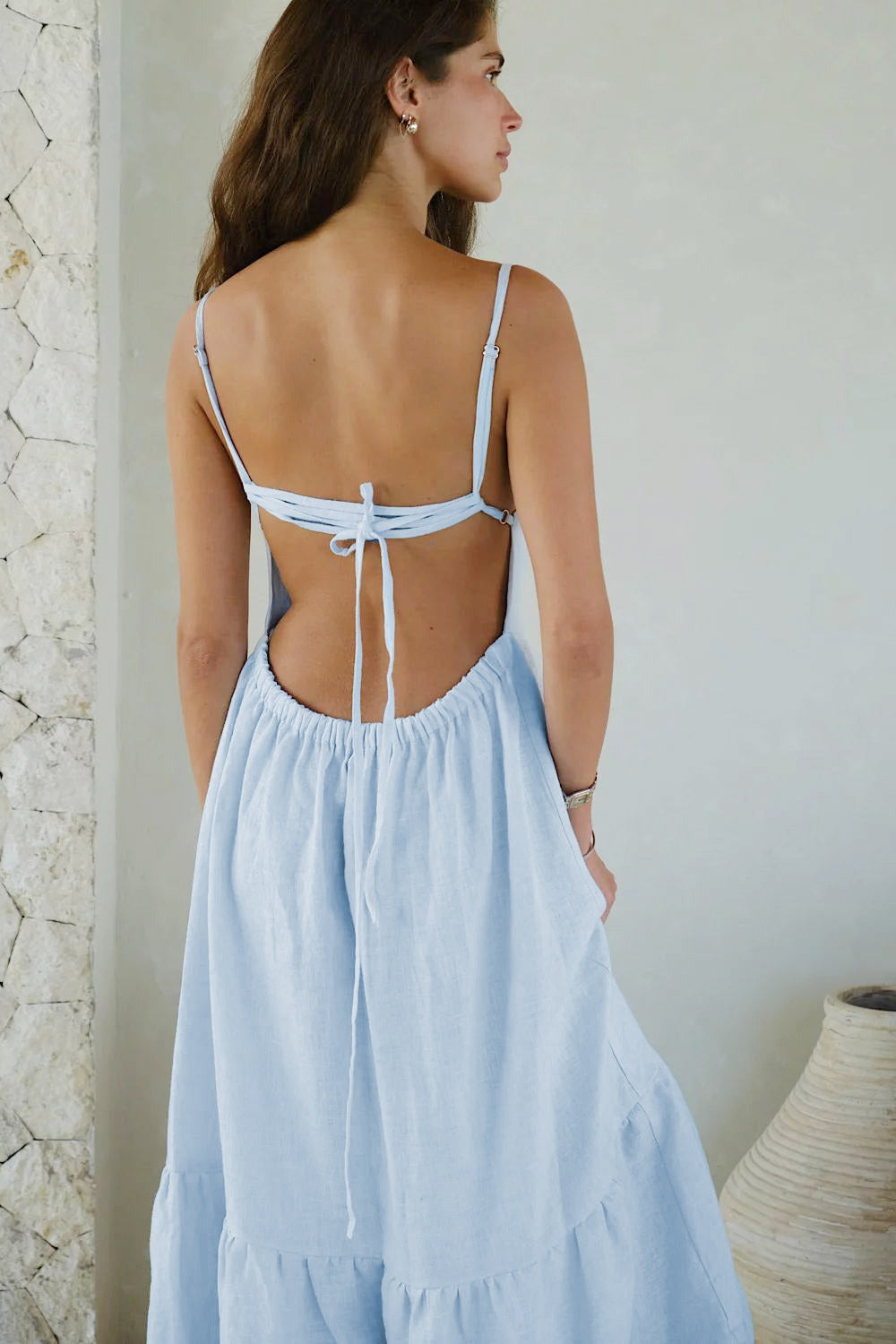 Spaghetti Strap Backless Ruffle Maxi Dress