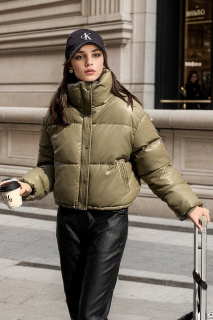 Cropped Faux Leather Insulated Puffer Jacket