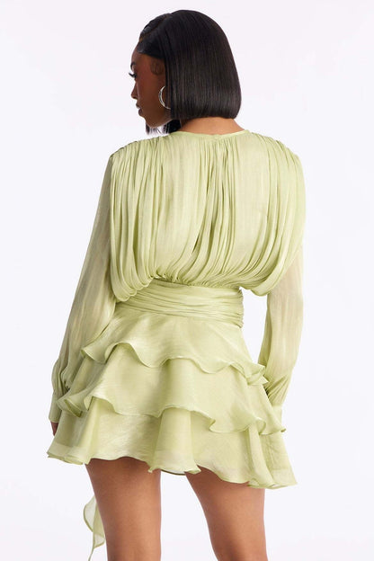 Keyhole Tie Neck Long Sleeve Button Cuff Ruched Waist Tiered Ruffle Satin Mini Dress