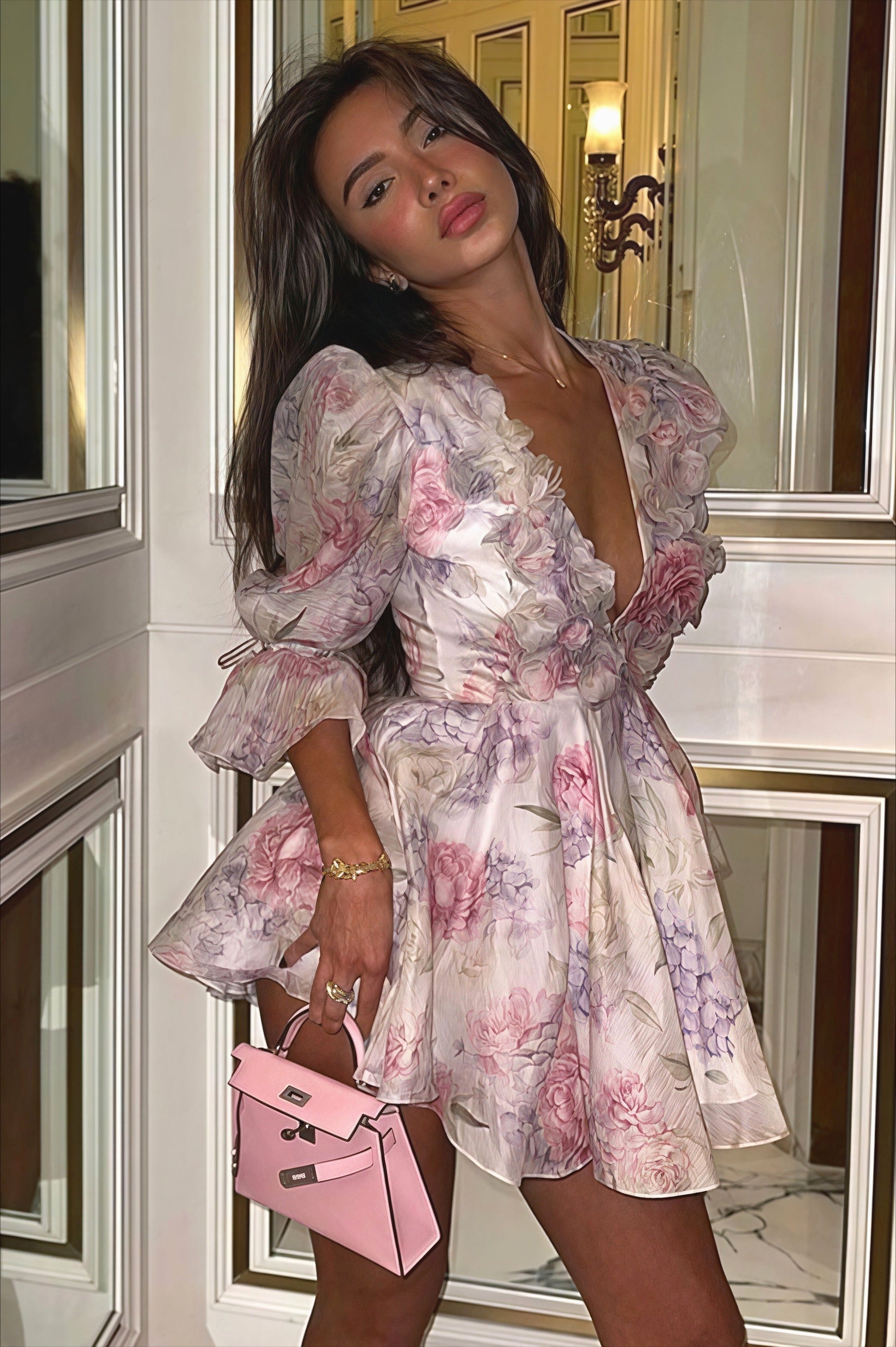 Floral Chiffon Deep V-Neck Puff Sleeve Ruffle Hem A-Line Mini Dress