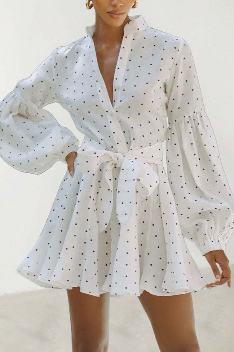 Polka Dot Mandarin Collar Button Front Lantern Sleeve Belted Mini Dress