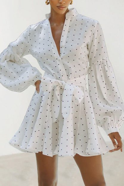 Polka Dot Mandarin Collar Button Front Lantern Sleeve Belted Mini Dress