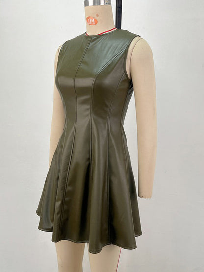 Sleeveless Olive Faux Leather Paneled Pleated Fit And Flare Mini Dress For Women 2026