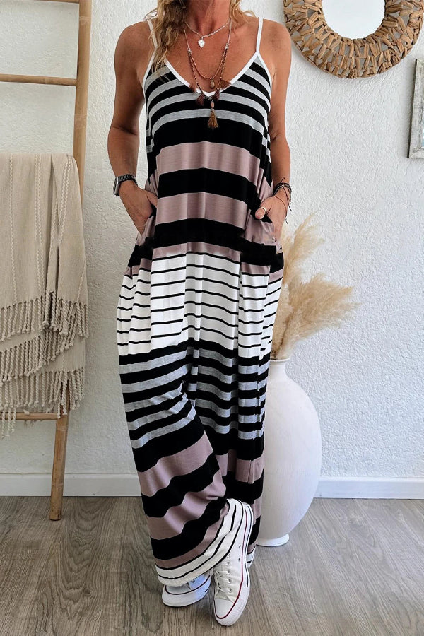 Multicolour Stripes Spaghetti Straps V Neck Maxi Dress
