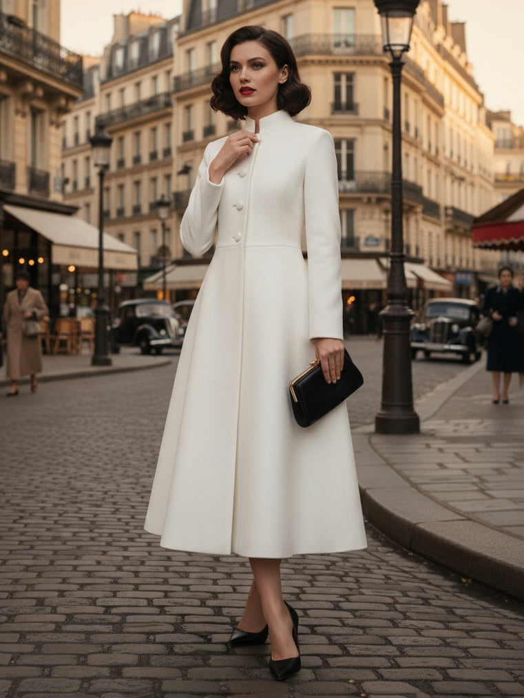 Vintage Stand-Collar A-line Woolen Flared Coat In White For Women 2026