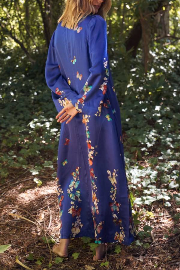 Butterfly Print Navy Blue Long Sleeve Loose Long Dress