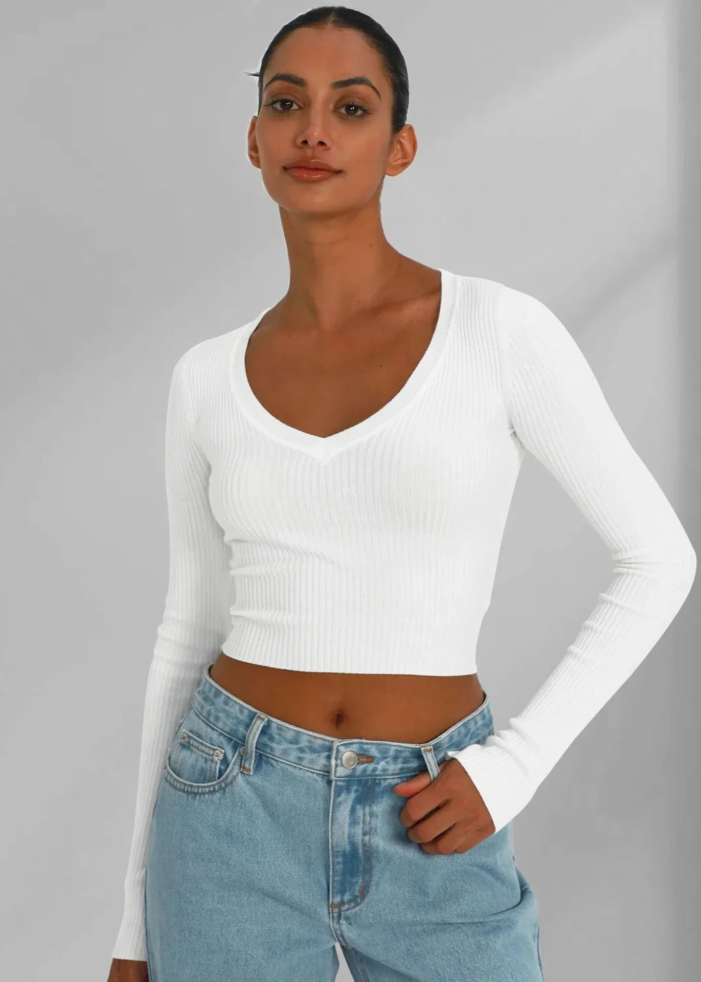 Indigo Ribbed Long-Sleeve Knit Top