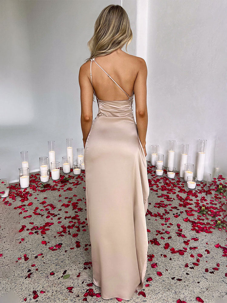 Party Dress Champagne One Shouder Pleated High Slit Sexy Prom Maxi Dresses
