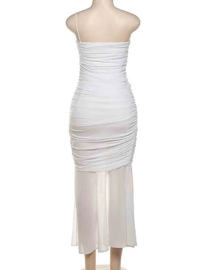 White Mesh Speaghetti Strap Fishtail Slit Dress