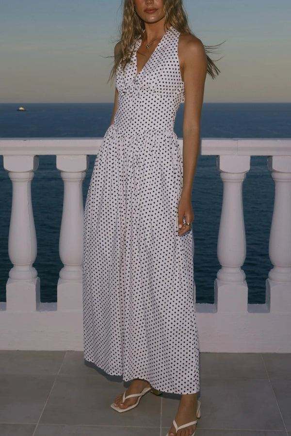 Polka Dot Print Halter Neck Fitted Waist Holiday Maxi Dress