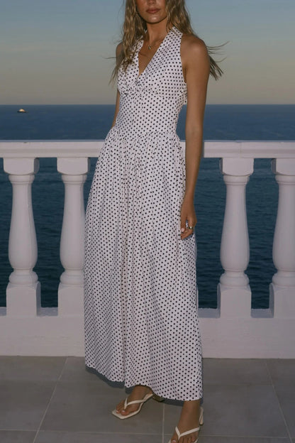 Polka Dot Print Halter Neck Fitted Waist Holiday Maxi Dress