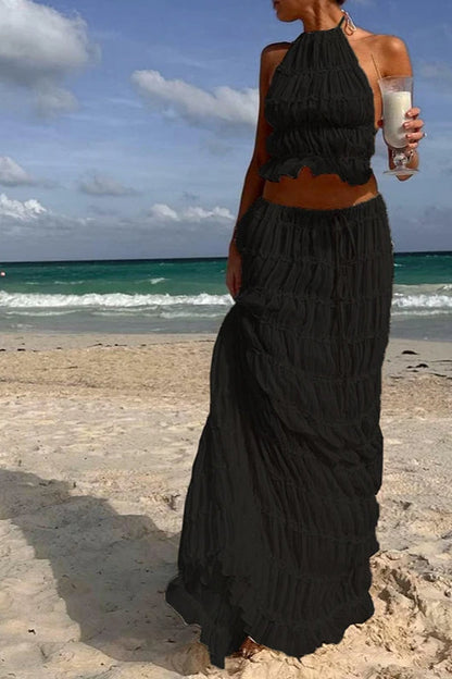 Ruched Halter Cami & Maxi Skirt Boho Dress