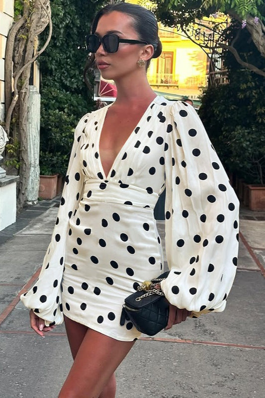 Polka Dot Deep V-Neck Balloon Sleeve Cinched Waist Bodycon Mini Dress