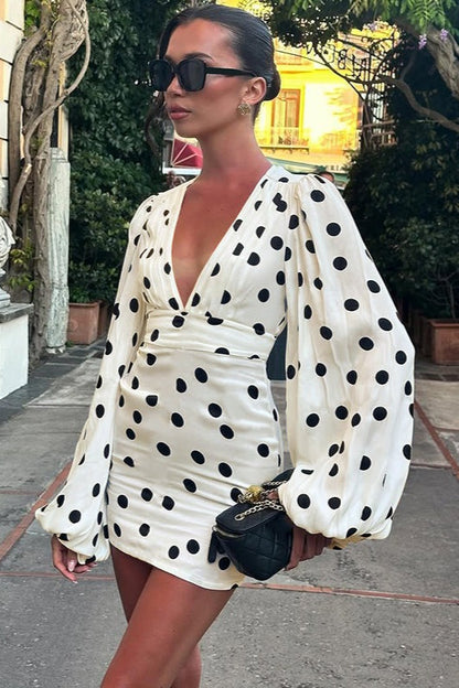 Polka Dot Deep V-Neck Balloon Sleeve Cinched Waist Bodycon Mini Dress
