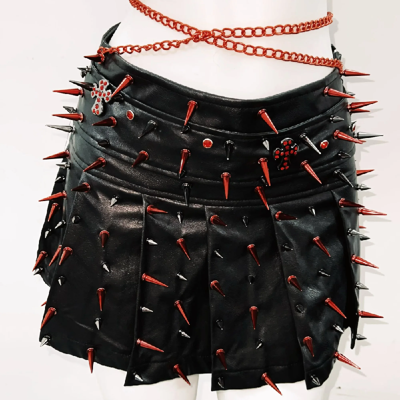 Rivet hollow out metal chain PU leather mini skirt set